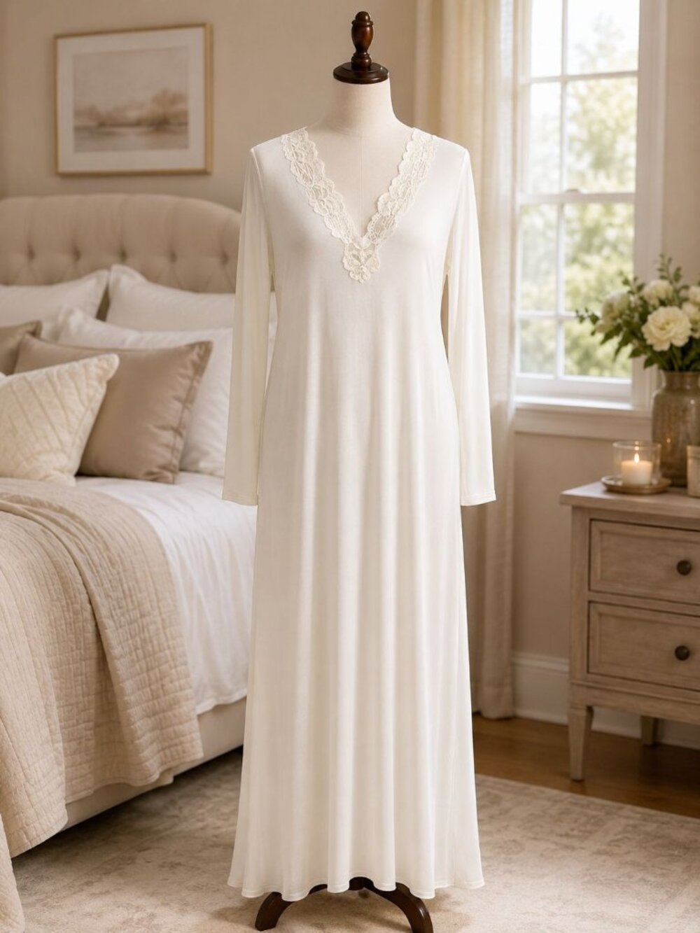 Natori size XL White Long-Sleeve White Lace Nightgown NEW